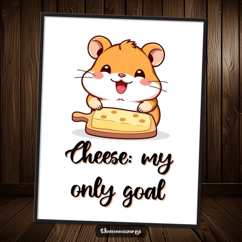 Funny poster showcasing a smiling kawaii hamster offering a cheese board, perfect humorous wall decor and a delightful gift.