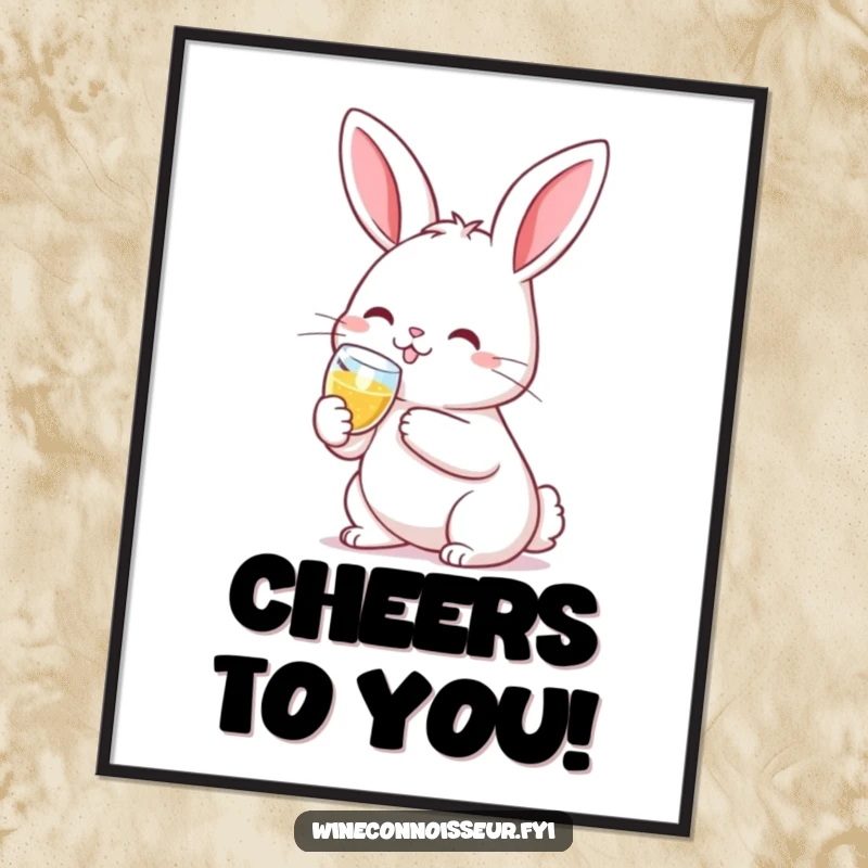 Funny and cute poster featuring a kawaii rabbit clinking a tiny champagne flute with a smile, adding festive art.
