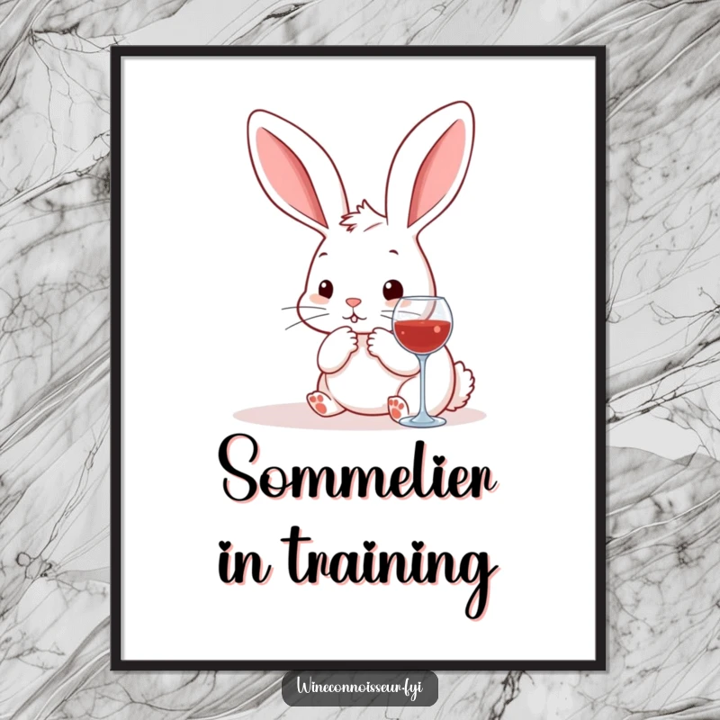 Funny kawaii rabbit poster, a cute bunny artistically contemplating wine pairings, adding humorous charm to wall decor.