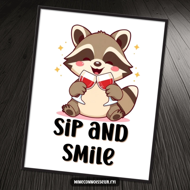Funny poster art of a joyful Kawaii raccoon clinking wine glasses, festive animal illustration, humorous wall decor gift.