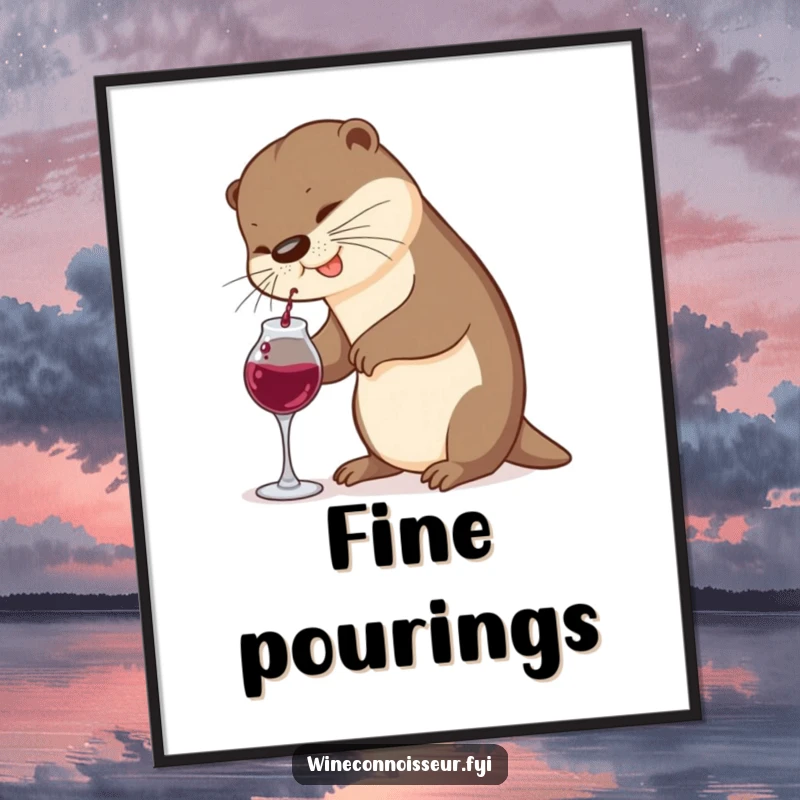 Funny Otter Poster: A playful otter humorously struggles to pour wine from a miniature decanter, bringing joy to any room.