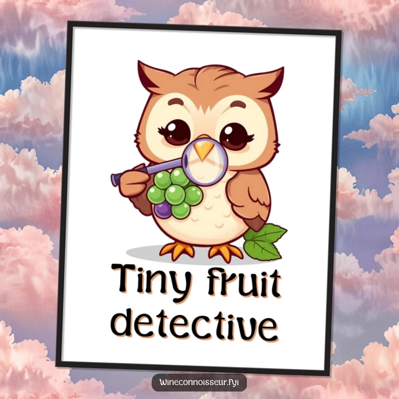 Funny poster of a cheerful owl character holding a magnifying glass, looking closely at a single grape, creating a humorous scene.