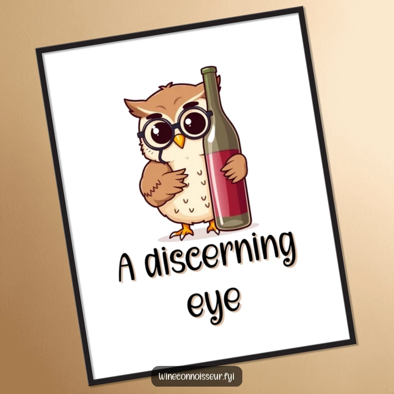 Funny owl with monocle inspecting a wine bottle, presented as whimsical wall art, ideal for humorous home decor.