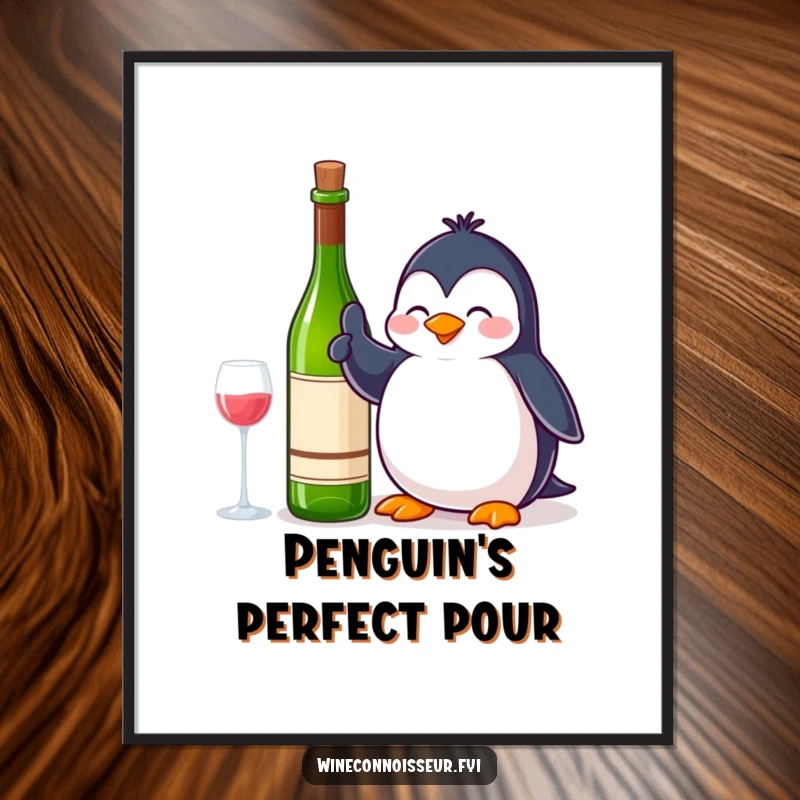 Funny Poster: A contented penguin giving a thumbs up next to a wine bottle, embodying approval and happy vibes.