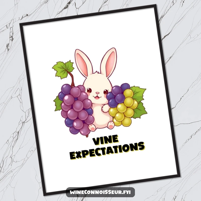 Funny rabbit peeking from a bunch of grapes, this wall art poster is a humorous illustration and a great funny gift.