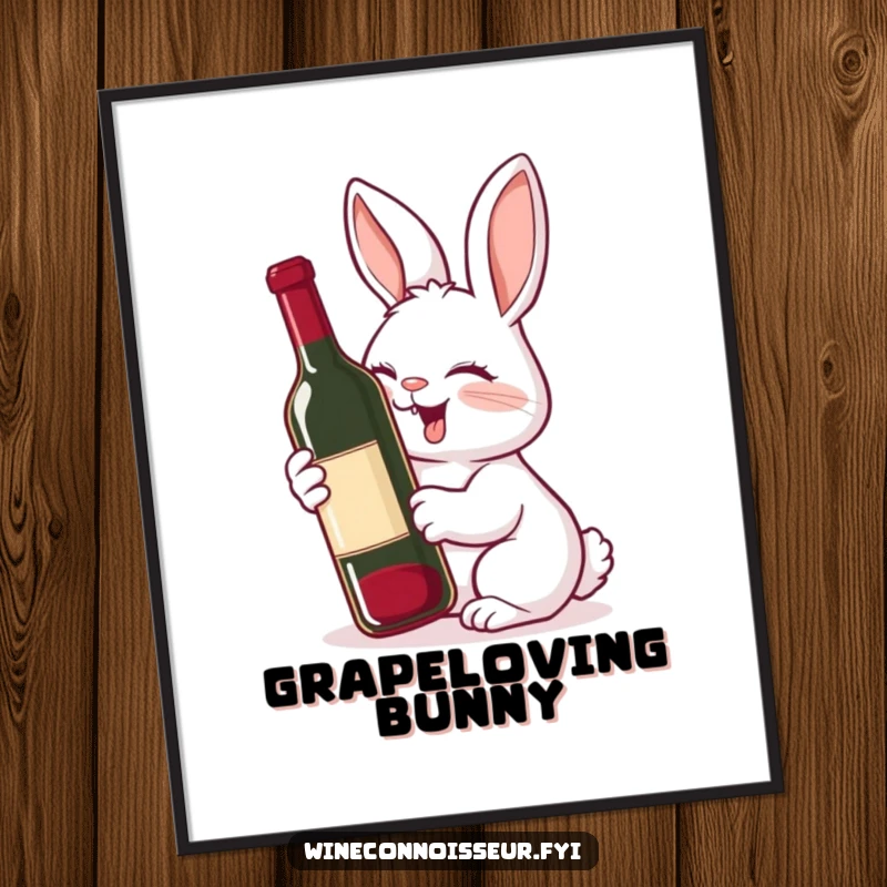 Funny poster featuring a giggling rabbit with a delighted expression, sniffing a wine bottle, adding whimsical humor to decor.