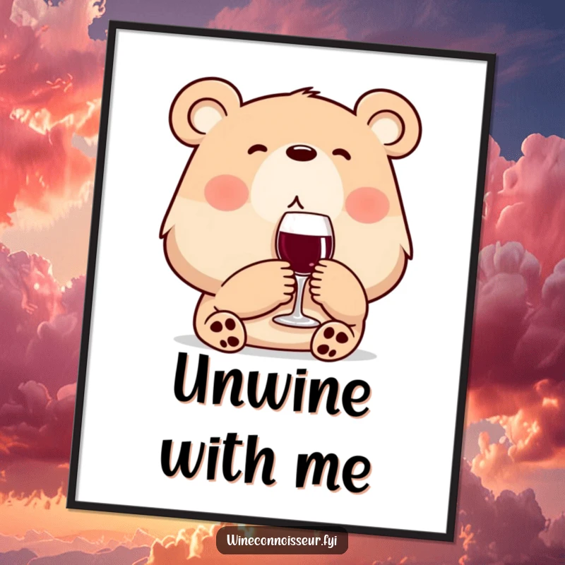 Funny wine bear poster art depicting a content bear enjoying a small sip of wine. Perfect wall decor for wine enthusiasts.