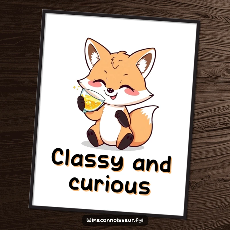 Funny poster of a happy, sophisticated fox character swirling a glass of sparkling liquid with a pleased expression, elegant wall art.