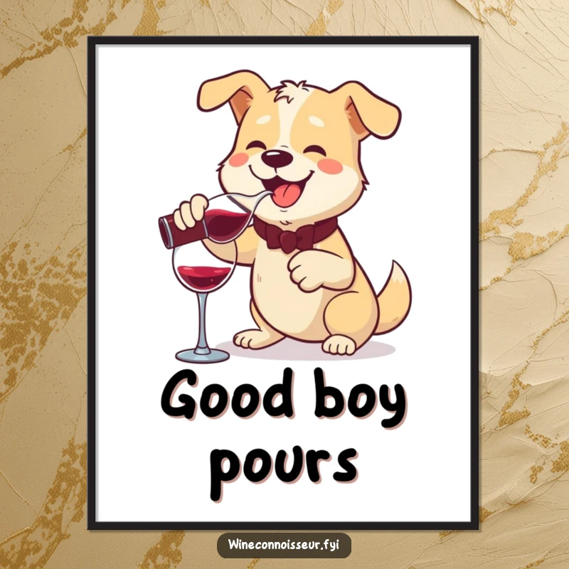 Funny poster featuring a cheerful dog expertly pouring wine from a decanter with a flourish, adding elegant humor to walls.