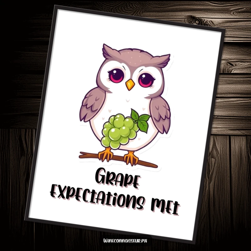 Funny proud owl poster, balancing grape on beak, wise and humorous wall decor for any room.