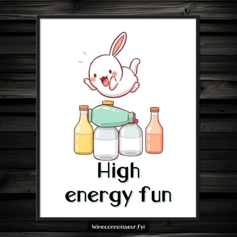 Funny poster illustrating a playful rabbit character somersaulting over stacked bottles, perfect for adding energetic humor to decor.