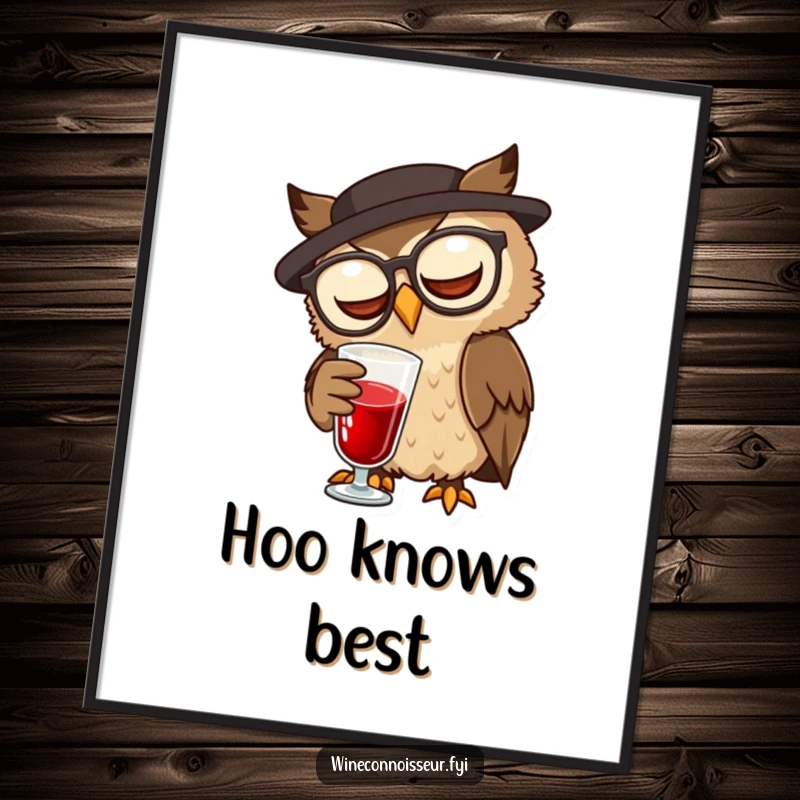 Funny wise brown owl with spectacles swirling a glass of red liquid as funny wall art.