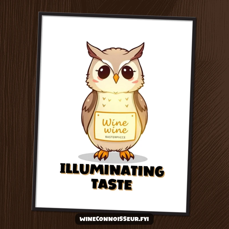 Funny poster of a kawaii owl gently illuminating a wine label, perfect for sophisticated and humorous wall decor.