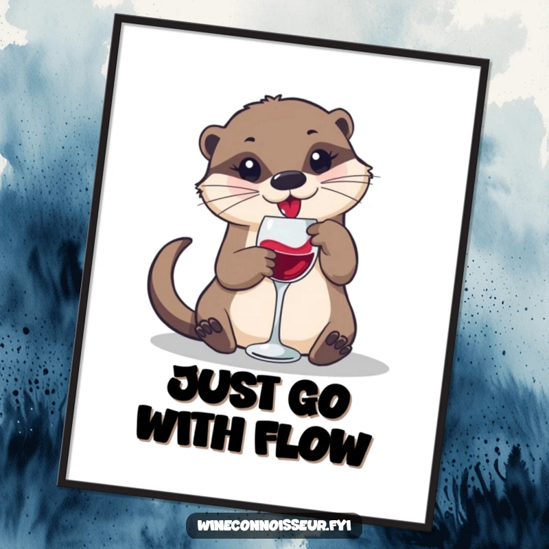 Funny and whimsical poster featuring a playful otter swirling wine in a small glass, adding charming art to walls.