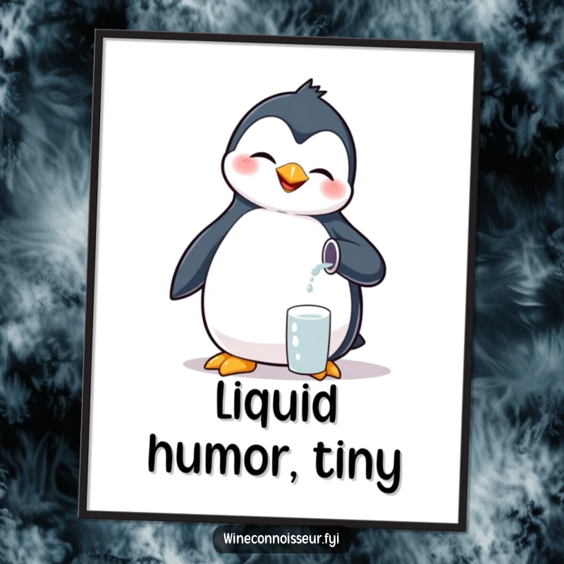 Funny giggling penguin poster, pouring tiny liquid, cute and humorous wall decor for any room.