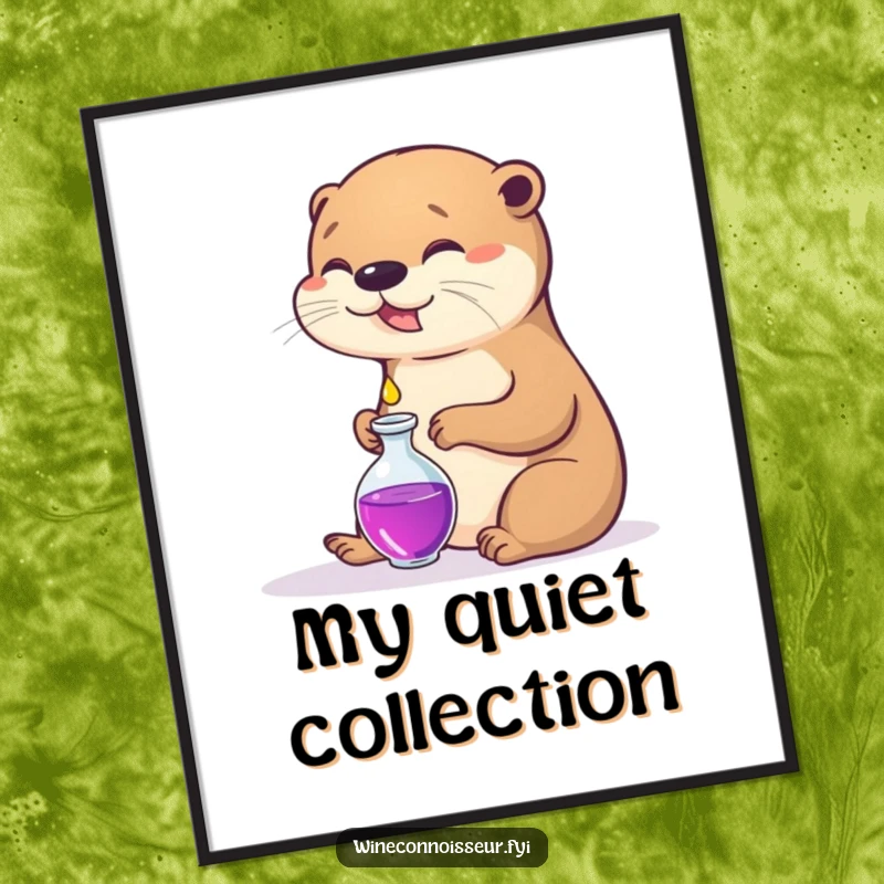 Funny poster art of a happy otter carefully decanting a tiny drop into a small vessel, promoting calmness.