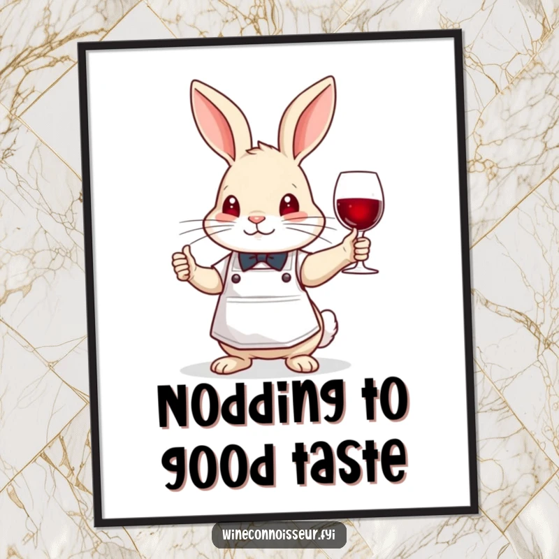 Funny brave rabbit sommelier poster, wearing apron, nodding wisely, elegant wall art for wine enthusiasts.