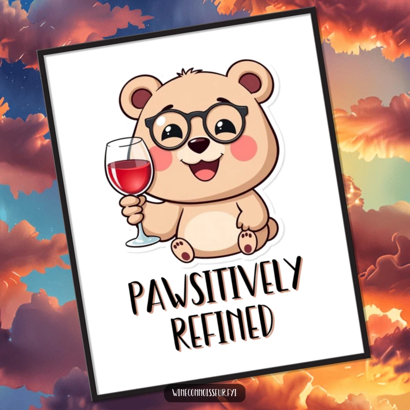 Funny poster featuring a happy bear wearing a monocle, smiling while holding a wine glass, adding refined humor to walls.