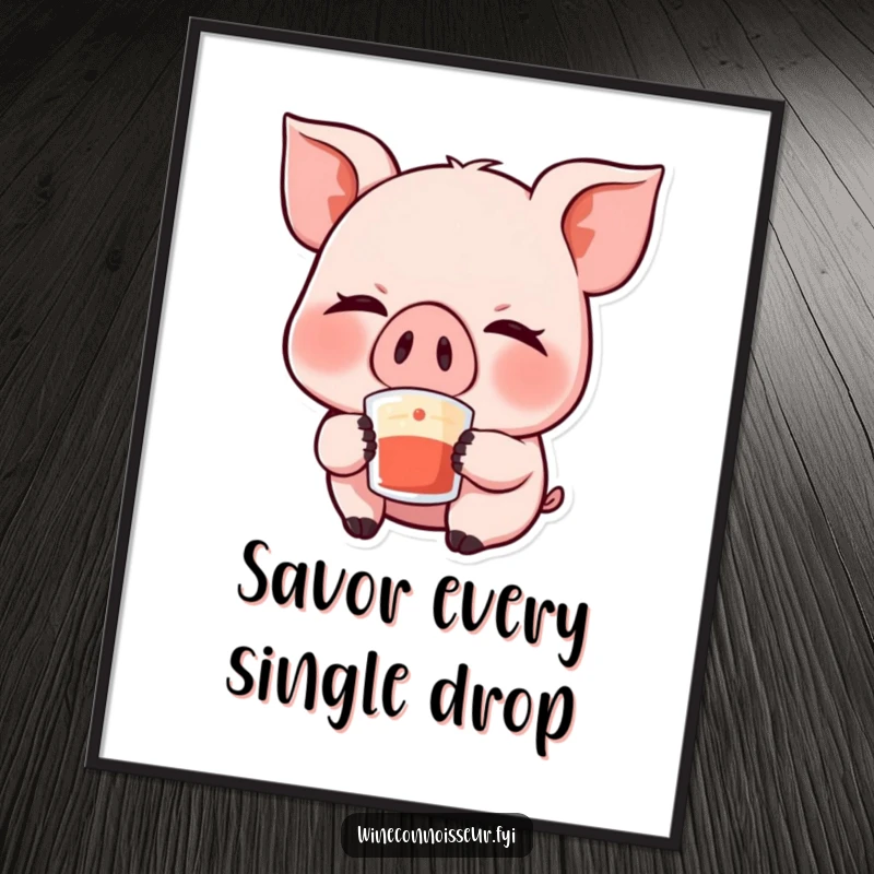 Funny Kawaii Pig Poster: A delightful illustration of a giggling pig character with closed eyes, savoring a sip, bringing cheerful vibes to any wall.