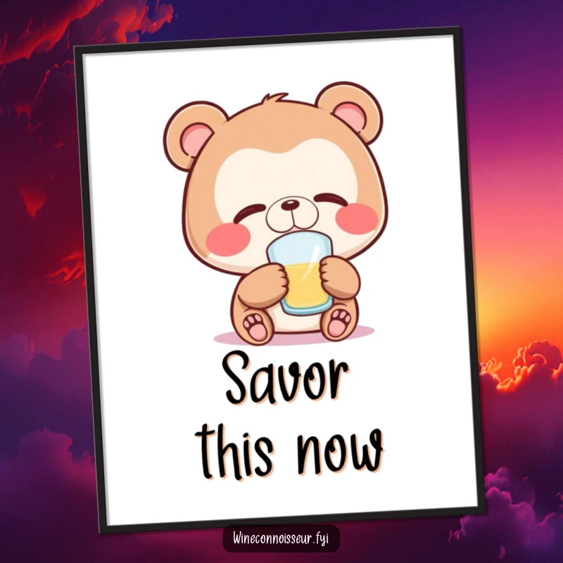 Funny bear poster showing a joyful bear character with eyes closed, blissfully savoring a sip, creating a tranquil atmosphere.