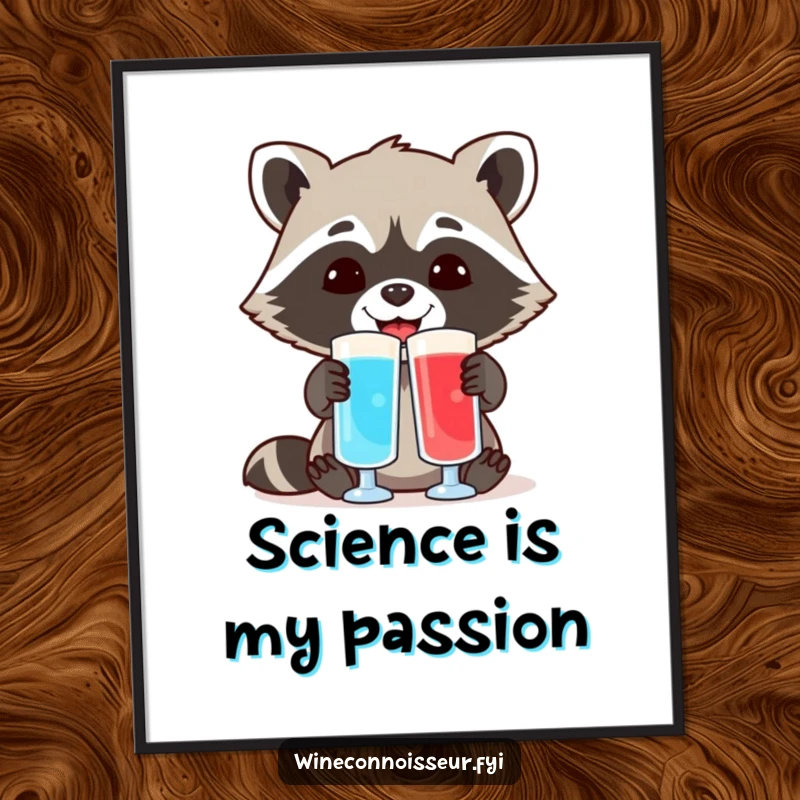 Funny poster of a cheerful raccoon meticulously comparing two different colored liquid samples in beakers, a playful nod to lab work.