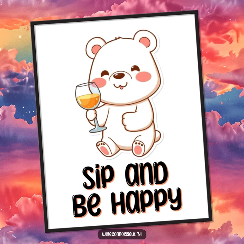 Funny and cheerful poster featuring a happy bear holding a wine glass with its paw, adding whimsical art to walls.