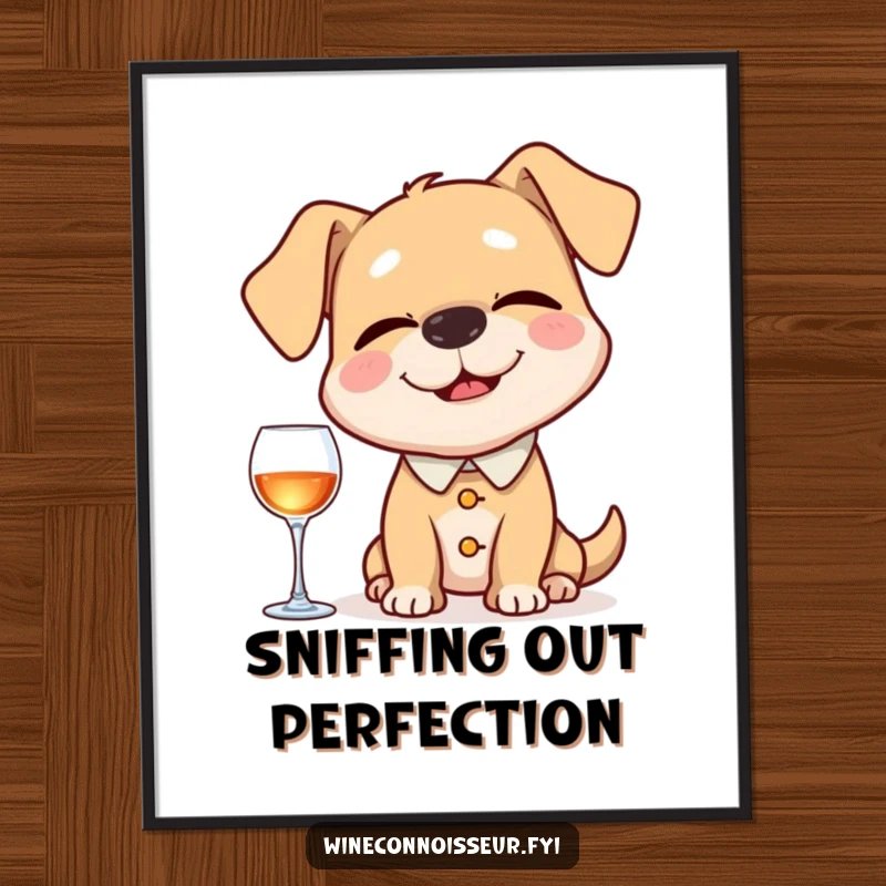 Funny poster of a happy dog acting as a sommelier, eyes closed, carefully sniffing an invisible aroma with a comical expression of deep concentration.