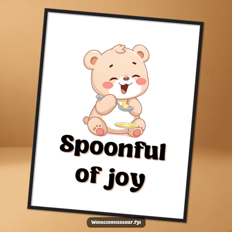 Funny poster print of a giggling bear cub character playfully tasting a tiny drop of liquid from a small spoon, radiating sweet delight.