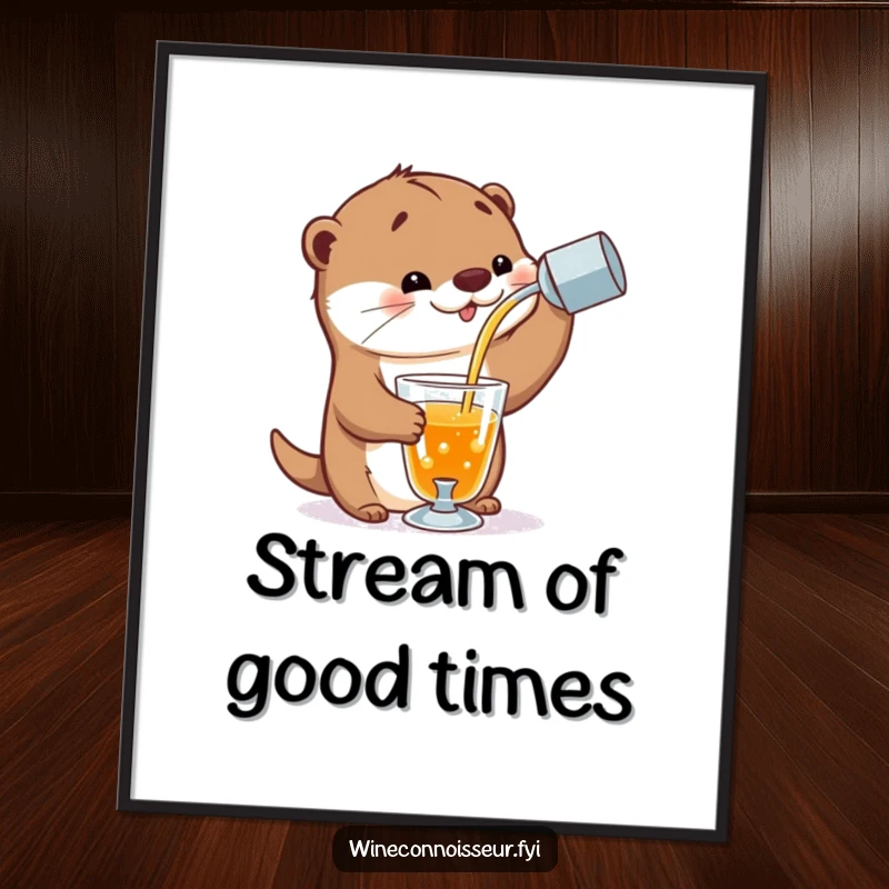 Funny poster print of a playful otter character expertly pouring a stream of amber liquid into a delicate glass, evoking a classy atmosphere.