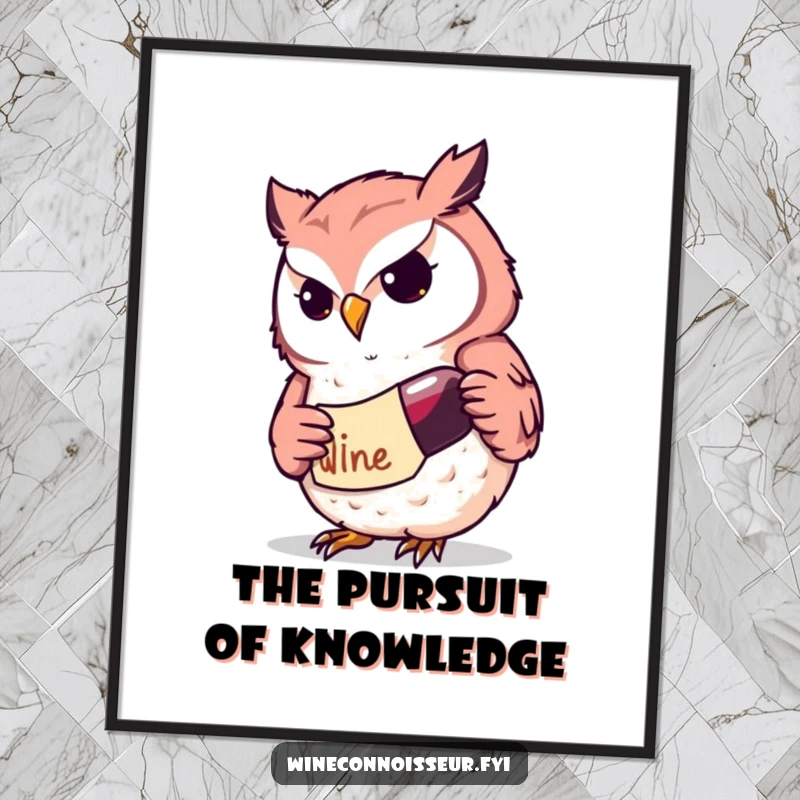Funny Kawaii owl poster showcasing a determined character intently studying a wine label, bringing intellectual curiosity and humor to wall decor, a fun gift.