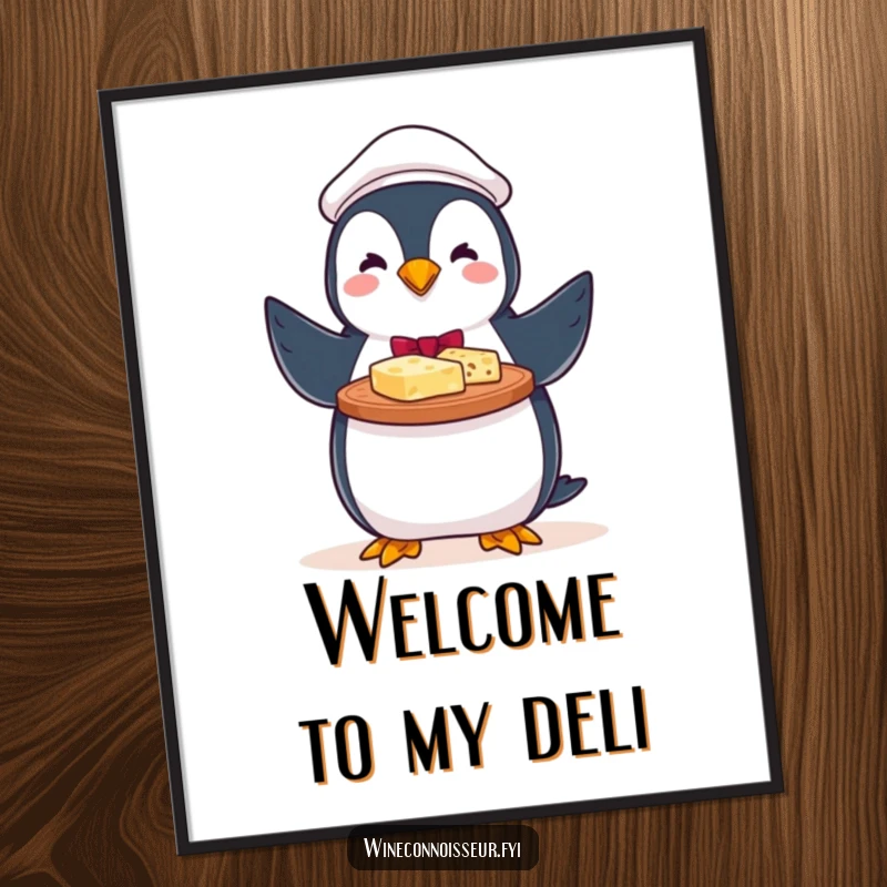 Funny poster art of a perky penguin presenter with a proud flourish, offering a delightful cheese platter.