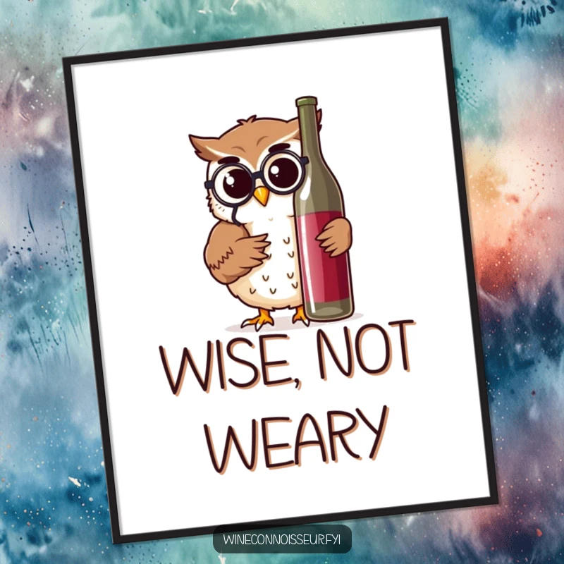 Funny poster of a cheerful owl character examining a wine bottle with a monocle and a thoughtful nod, wise wall art.