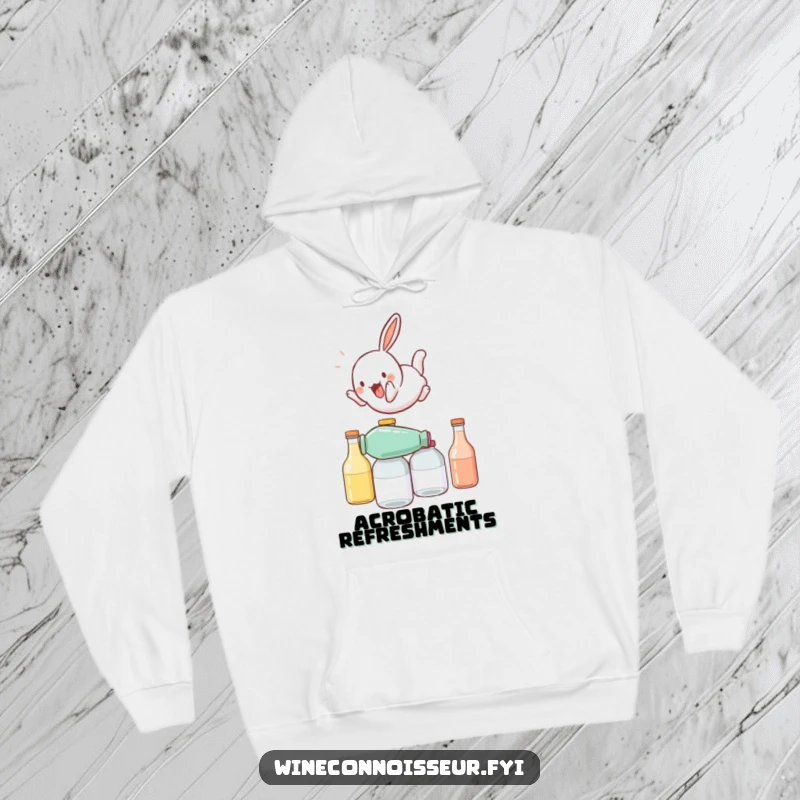 Funny hoodie showing a playful rabbit character somersaulting over stacked bottles, offering warm, energetic humor and comfort.