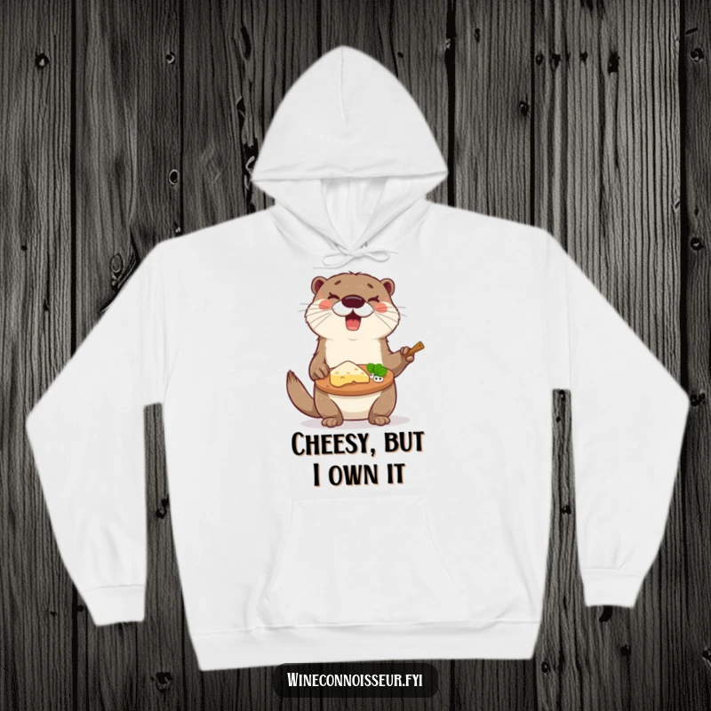 Funny otter in a cozy hoodie, showcasing a gourmet cheese platter with tasting notes, an ideal funny gift.