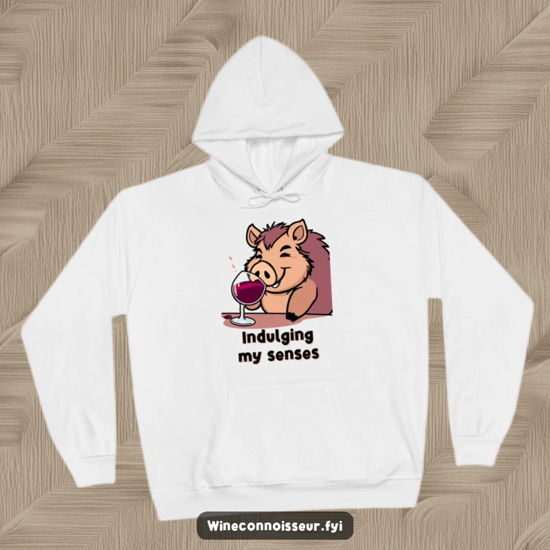 Funny boar hoodie showcasing a jovial character sipping contentedly from a substantial wine goblet, offering warmth and cheerful humor.