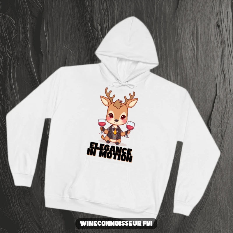 Funny deer hoodie showcasing a dignified character holding a wine glass with a reserved smile, offering warmth and sophisticated humor.