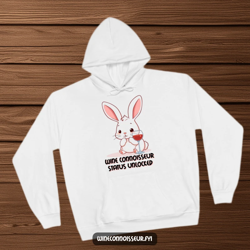 Funny kawaii rabbit hoodie, a cute bunny deeply considering wine choices, exuding warmth and humor for chilly days.