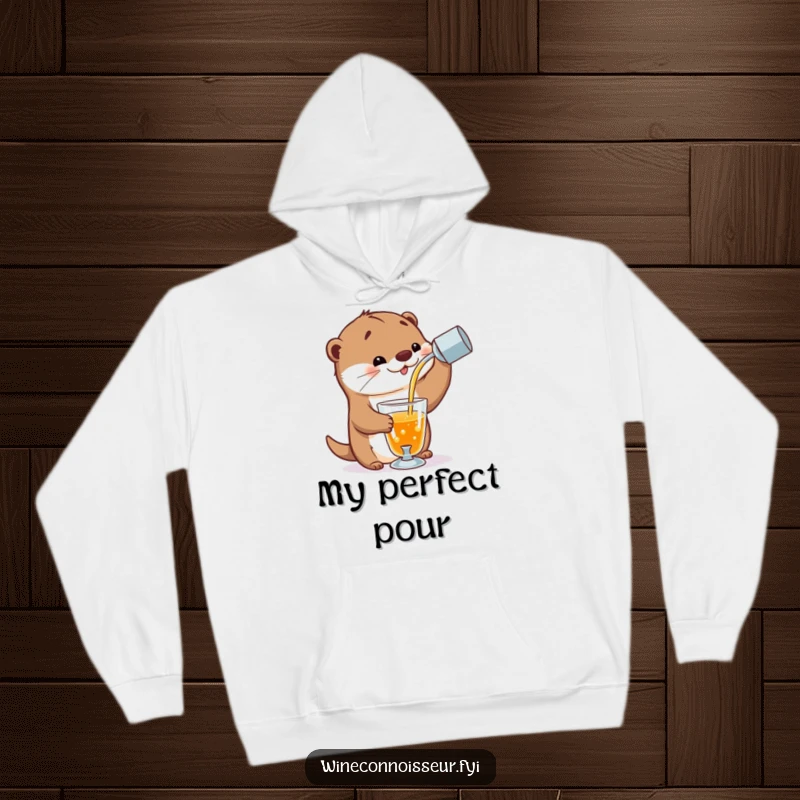Funny warm hoodie with a playful otter character expertly pouring a stream of amber liquid into a delicate glass, radiating sophistication.