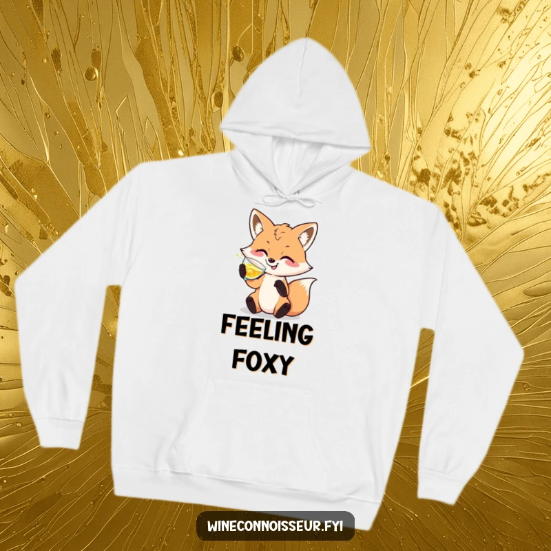 Funny hoodie featuring a happy, sophisticated fox character swirling a glass of sparkling drink, designed for ultimate comfort and style.