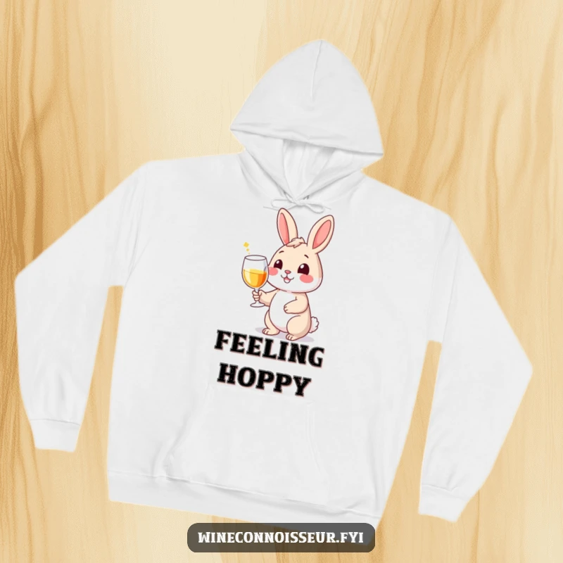 Funny hoodie featuring a smiling rabbit character holding a wine glass with flair, ideal for relaxed, humorous comfort.