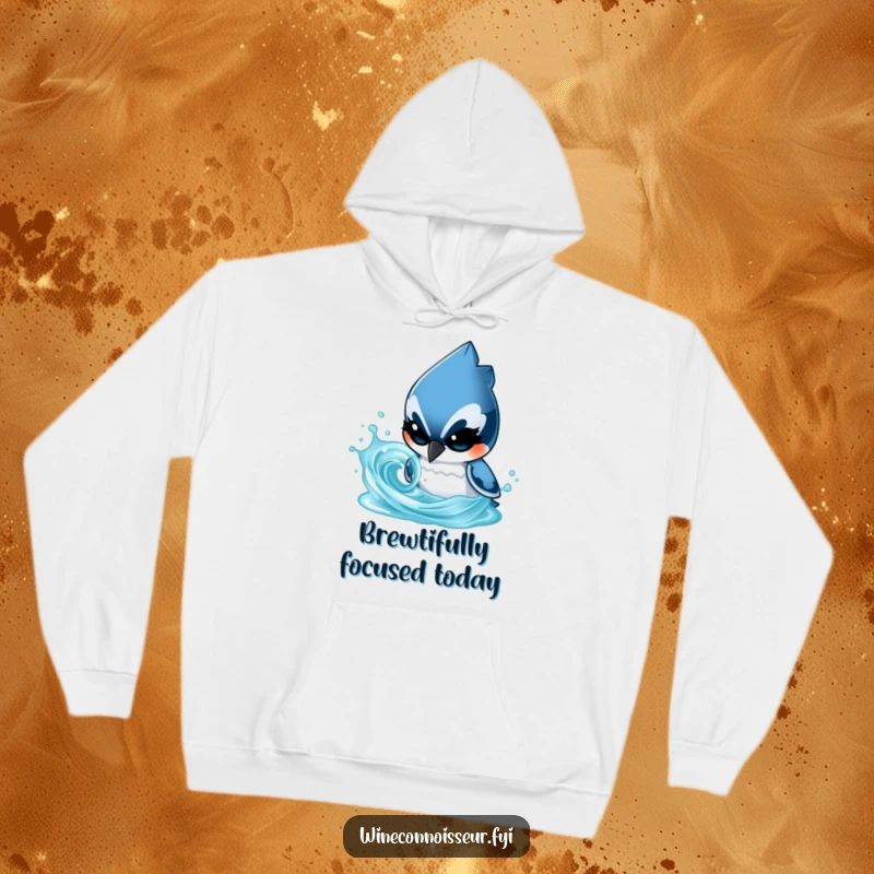 Funny hoodie with a determined blue jay character focused on analyzing a swirling liquid, ideal for cozy scientific thought.