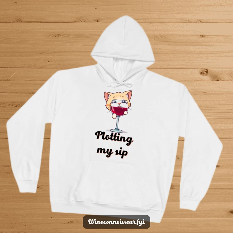 Funny hoodie featuring a playful cat character peering with intrigue into a wine glass, designed for cozy, humorous wear.