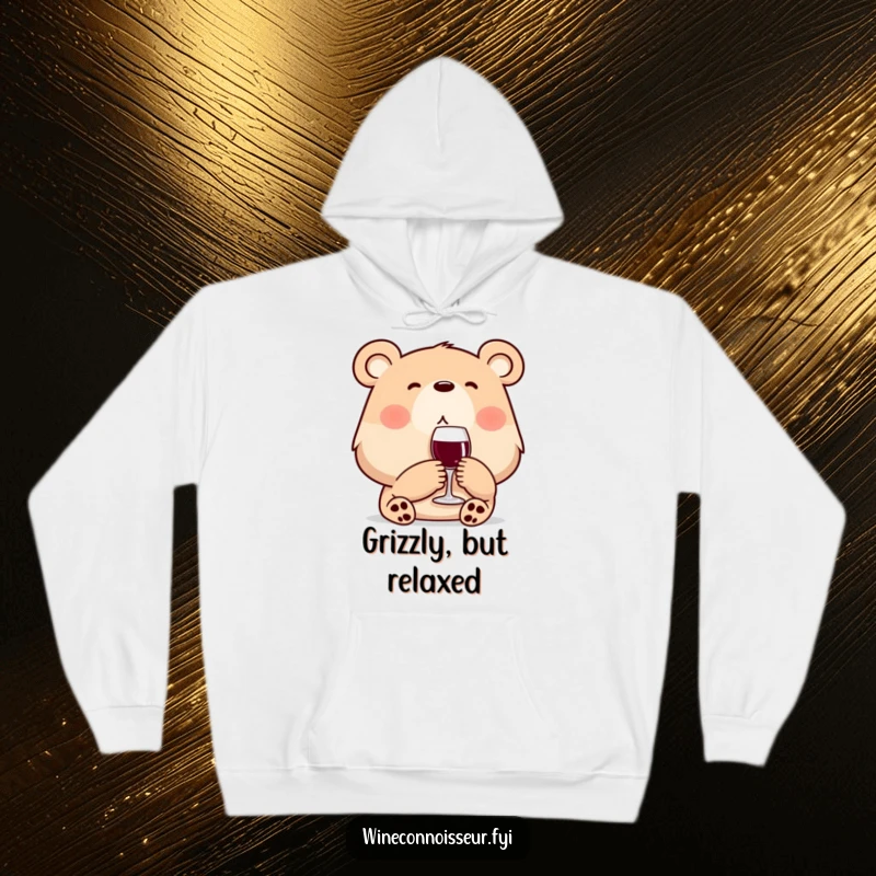 Funny wine bear hoodie featuring a contented bear enjoying a glass of wine, designed for warmth and humor.