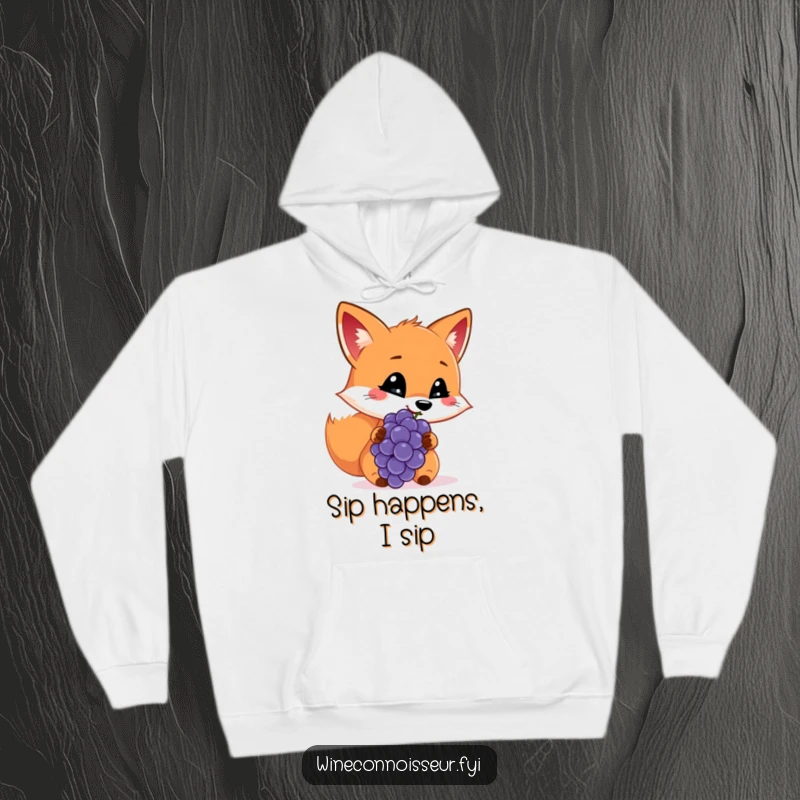 Funny hoodie featuring a cheerful fox sniffing a grape with a discerning look, perfect for cozy contemplation.