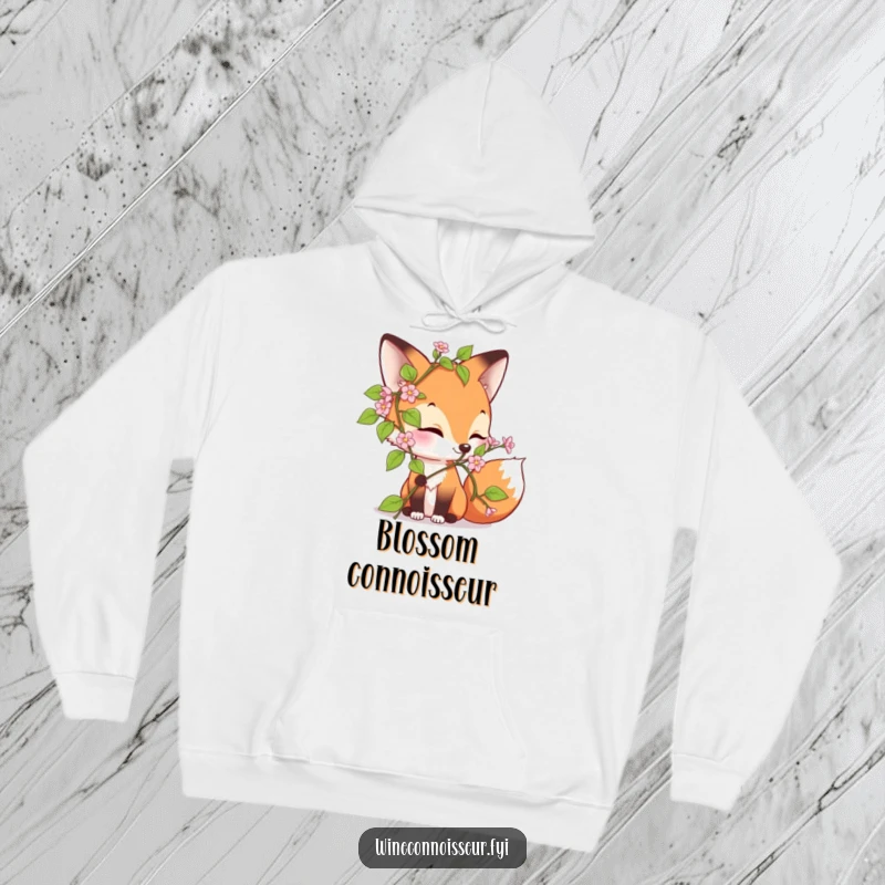 Funny hoodie depicting a curious fox character joyfully sniffing a blooming vine, offering warmth and a touch of nature’s humor.