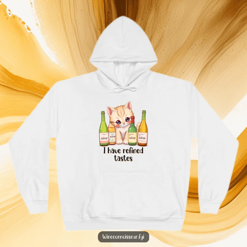Funny Hoodie: A curious kitten peeking at tiny wine bottle labels, offering cozy warmth and a hint of playful mischief.