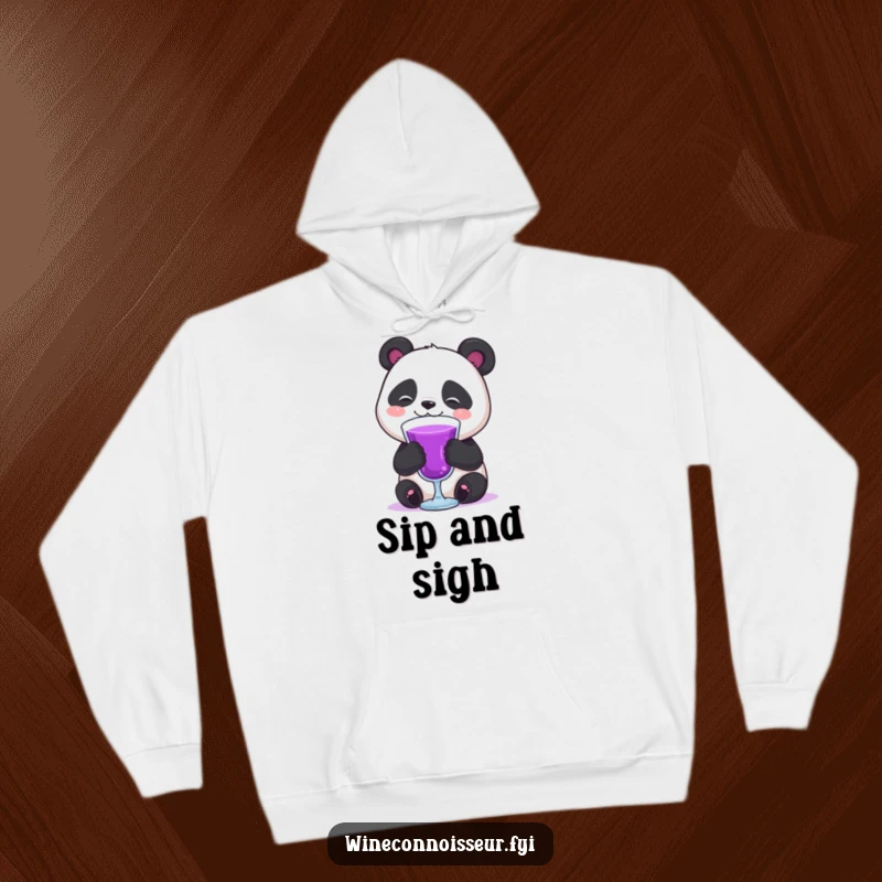 Funny happy panda swirling purple drink in a glass hoodie, exuding relaxation and humor.