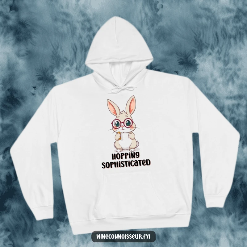 Funny rabbit wearing a monocle examining a cork hoodie, combining warmth with intellectual humor.
