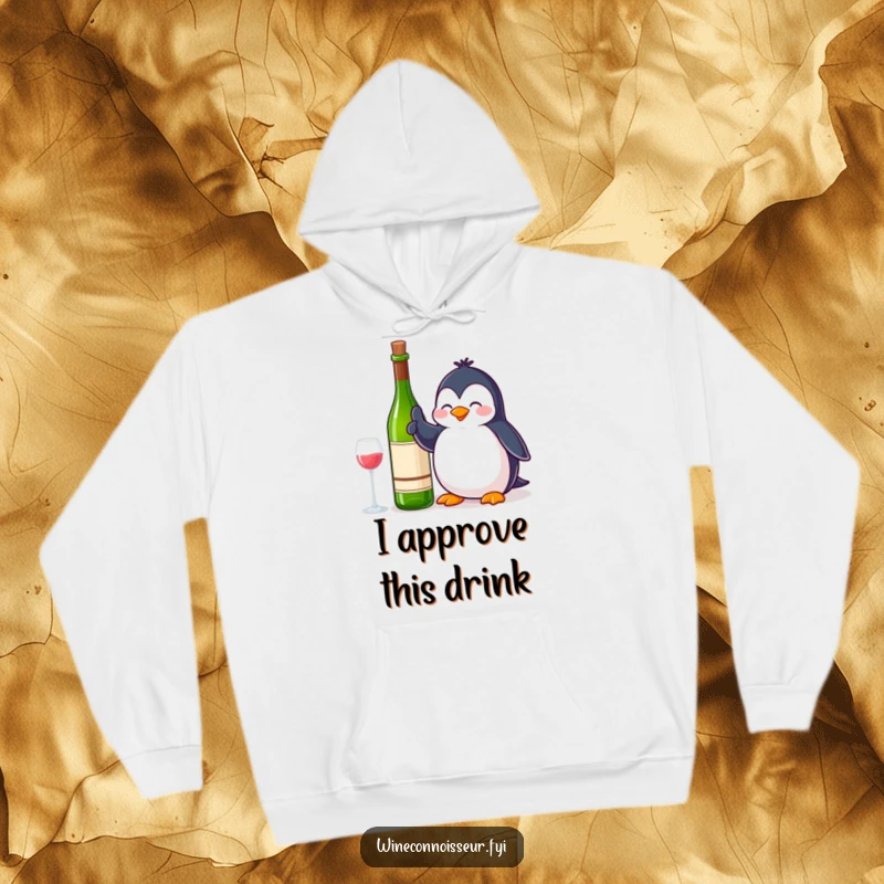 Funny Hoodie: A contented penguin giving a thumbs up next to a wine bottle, offering cozy warmth and a symbol of happy approval.