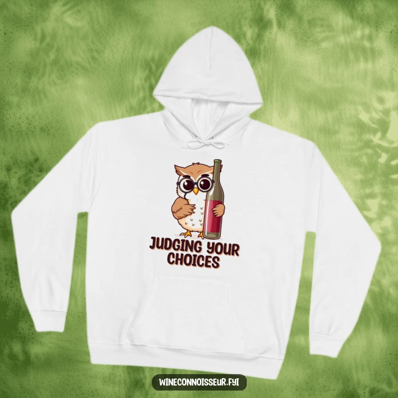 Funny hoodie with a wise owl character examining a wine bottle, offering warmth and intellectual humor.
